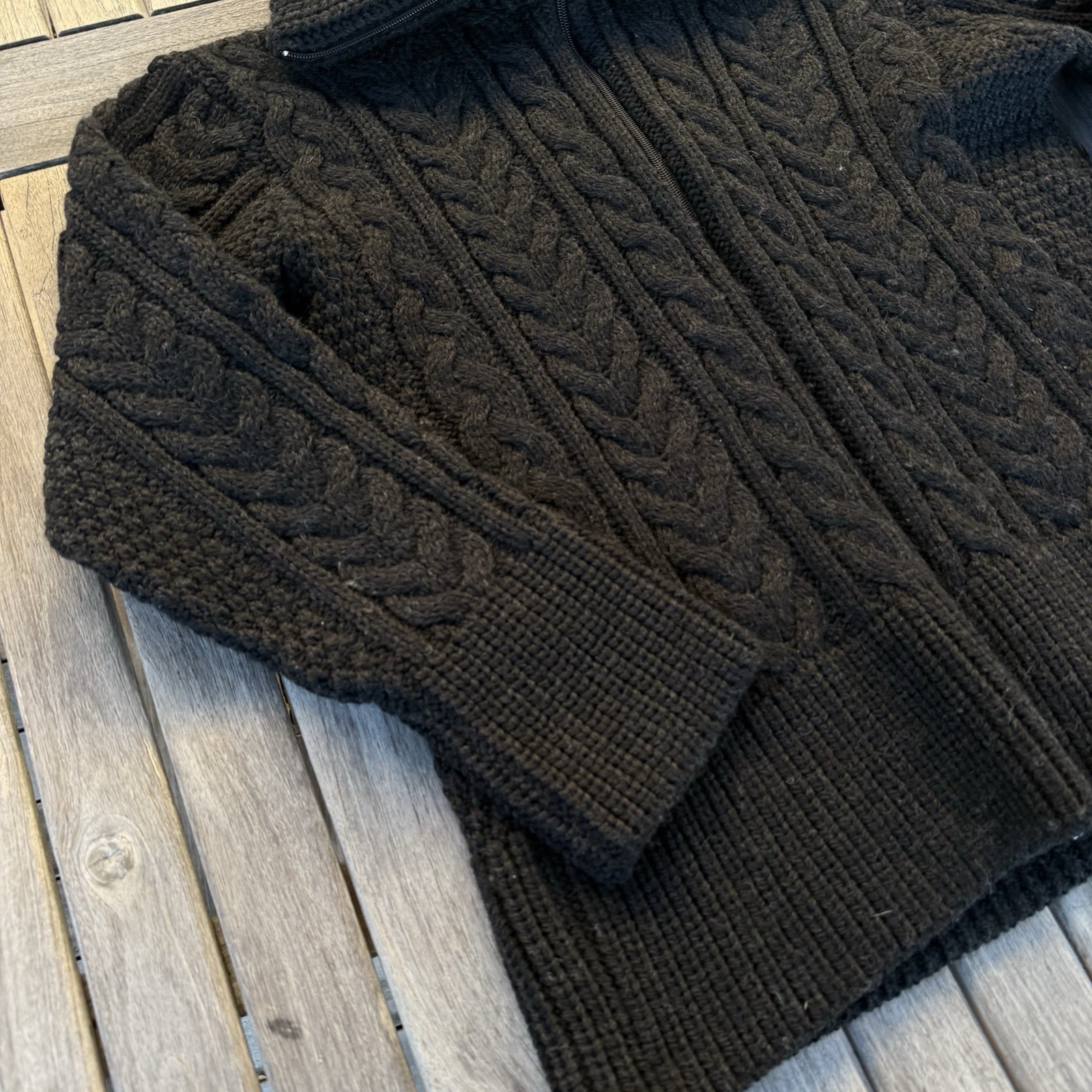 Peregrine Med Wool Collar Chunky Cable Knit Fisherman Cardigan Sweater Zip Black