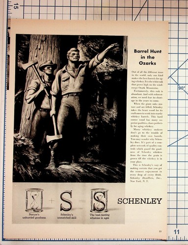 Vintage Schenley Whiskey Ad Barrel Hunt Ozarks Lumberjacks Old Magazine Print