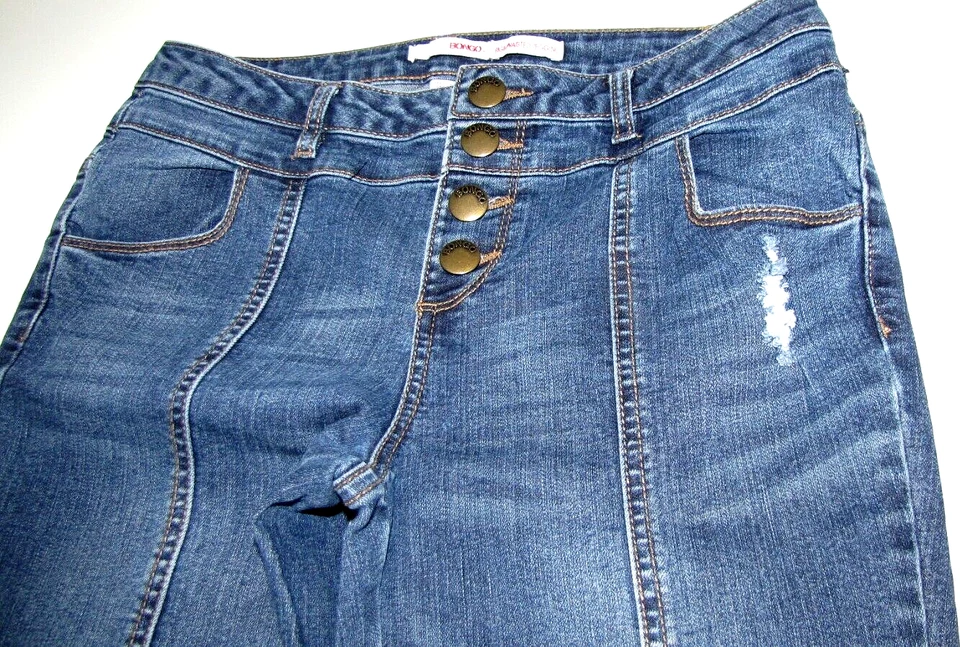 Pantalones de mezclilla de cintura alta Bongo de colección desgastados con botones elásticos para mujer azul 7 Foto 2 de 4