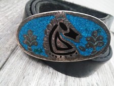 VTG MEXICO Sterling SIVER TURQUOISE INLAY AZTEC FIGURE BELT BUCKLE W/ BELT 8-10