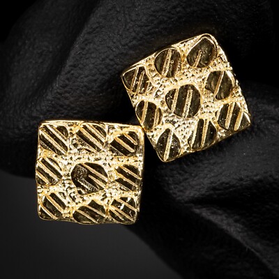 Retro Square 14K Yellow Gold Plated Diamond Cut Hip Hop Nugget Earrings