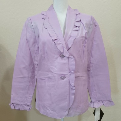 NWT Terry Lewis Leather Jacket Purple Ruffle Collar and Cuffs Womens Medium 