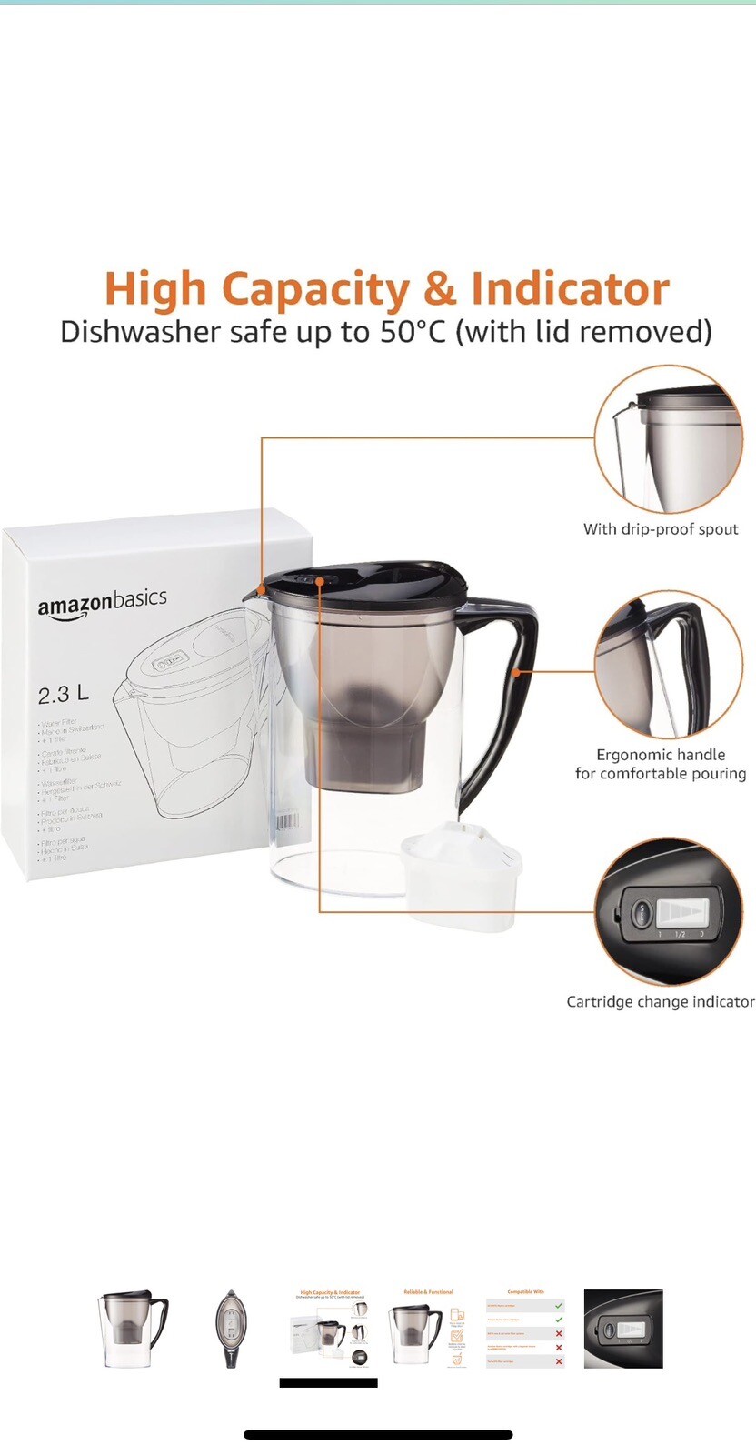 Amazon Basics 2.3L (4 Pints) Water Filter Jug with 1X30 Days Cartridge