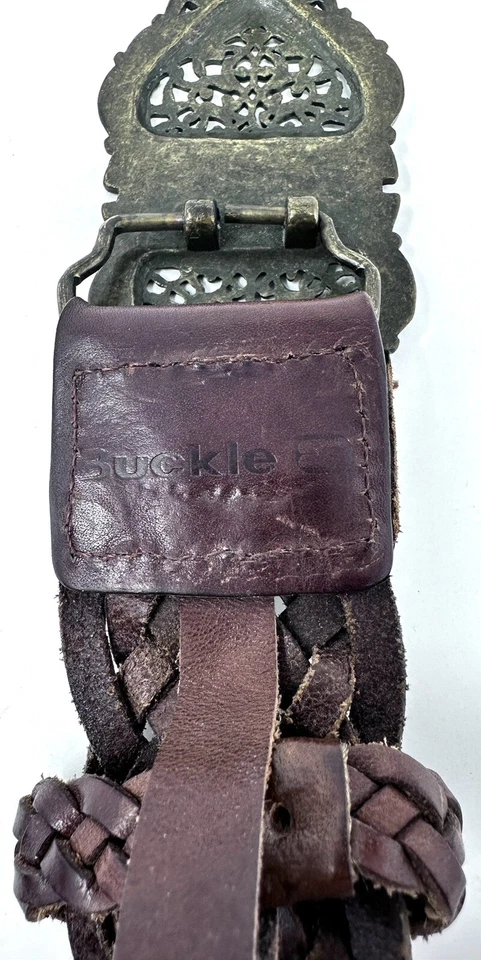 Cinturón de cuero marrón tejido trenzado marca hebilla talla 36 hebilla grande de latón filegre Foto 4 de 4