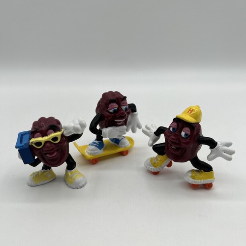 3 California Raisins Figuren Ghettoblaster, Skater & Skate Boarder Vintage 1988 Calrab