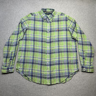 Ralph Lauren Shirt Men XL Green Plaid Linen Coastal Casual Beach Party Classic