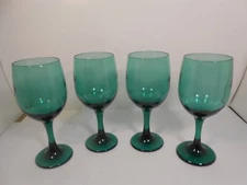 4 Vintage Libbey Juniper Tear Teardrop Glass Water Wine Goblet Emerald Green
