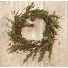New EVERGREEN RED PIP BERRIES Candle Ring Wreath 13" out 6.5" in Christmas Pine