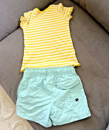 Kids Aqua blue Nylon shorts, size S 6/7 8, and xs 6/6x. yellow striped blouse - Picture 2 of 5