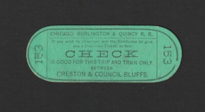 SELTENER Fahrkartenscheck - Chicago Burlington & Quincy RR Railroad Zug 1870? Creston