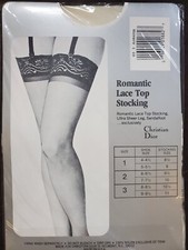 Vtg Dead Stock Christian Dior Lace Thi Hi Nylon Garter Stockings Sz 3 ALABASTER