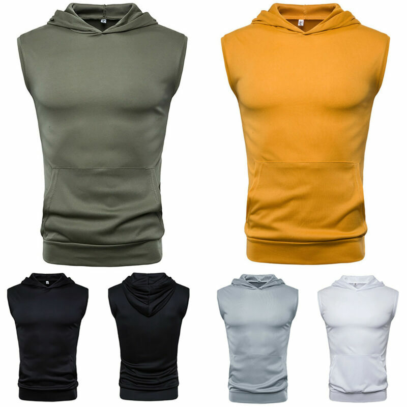 Mens Sleeveless Hoodie Vest T-Shirt Gym Muscle Sports Hooded Fitness Tank Top