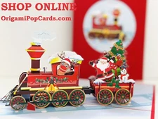 ORIGAMI POP CARDS Merry Christmas Santa Train 3D Pop Up Greeting Card Holidays