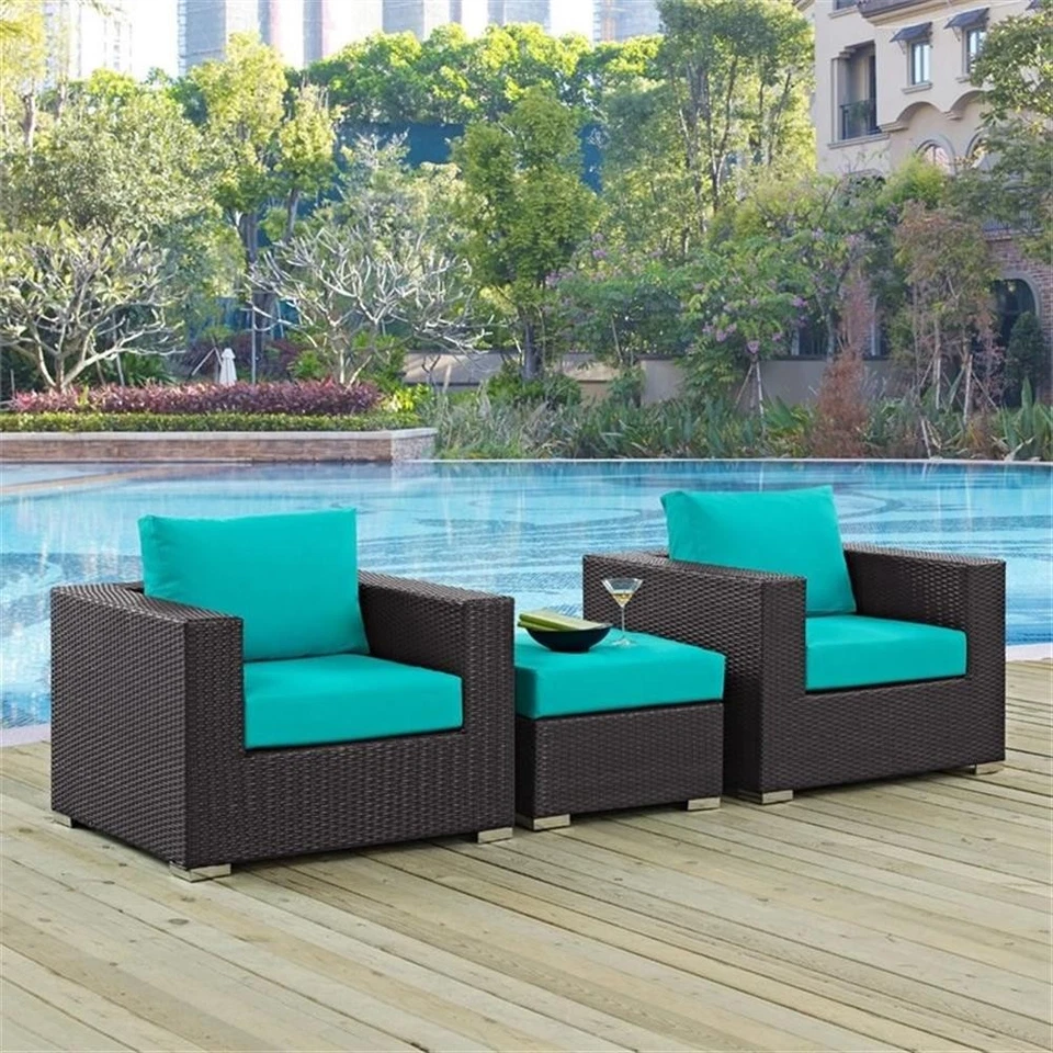 Modway Convene 3-Piece Aluminum and Rattan Patio Sofa Set in Turquoise/Espresso Foto 2 de 4