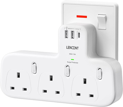 3 Wege Stecker Verlängerung mit USB-C & 2 USB-A QC 3.0, Mehrfachstecker Adapter