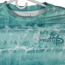 Reel Life Mens Medium Fishing Long Sleeve Shirt Wave Pattern Blue Polyester