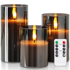 Grey Glass Flameless Candles, Battery Operated LED Pillar Candles with Remote...