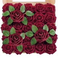 50Pcs Dark Red Roses Artificial Flowers Foam Fake Flowers Real Looking Silk R...