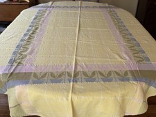 56" X 80" Oval Easter Tablecloth Yellow w/ Pink Tulips Cotton Blend Hemmed Edge