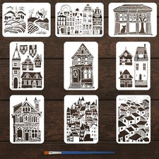 FINGERINSPIRE 9PCS Town and Village Architecture Stencils with 1Pc A4 size