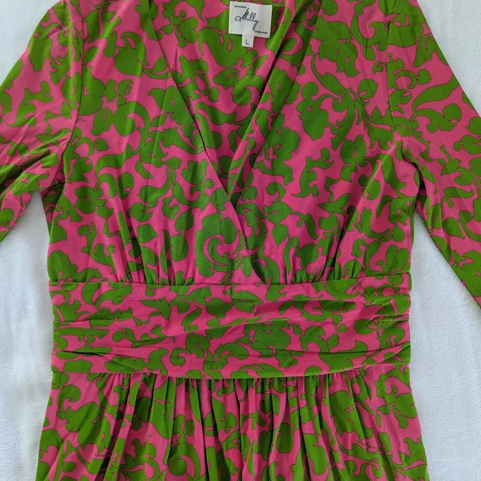 Milly Нью-Йорк розовый зеленый печать V шеи собранными в Рюш талии мини-платье 100% шелк размер L - Изображение 3 из 4