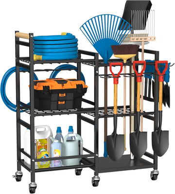Garden Tool Organizer with Rolling Wheel, 3-Tier Metal Shelf Yard Tool Holder, U