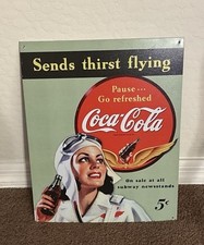 Coca Cola Tin Sign Sends Thirst Flying 16x12.5 Vintage Retro Man Cave Bar Decor