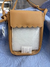 Ladies Small Carmel Colored Clear Crossbody With Scalloped Flap Front Closure