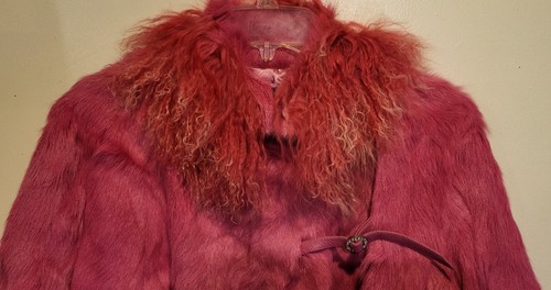 La Vee Size Medium Real Colored Fur Coat Jacket Curly Lamb Collar Pink Barbie - Bild 2 von 13