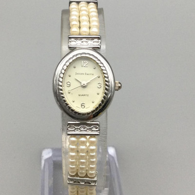 Jaclyn Smith Womens Watch Faux Pearl Band Silver Tone 20mm Oval New Battery 7.5''