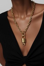 Authentic Louis Vuitton Gold Padlock w/Unbranded Stainless Steel Chain Necklace
