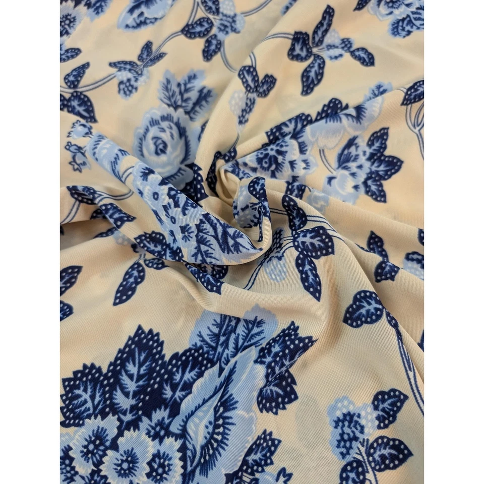 Vintage Sewing Material Fabric Blue Floral Chintz Print Off White Light Knit 4Yd - Image 2 of 4