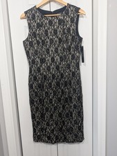 Tahari NWT Women's Size 8 Straight Pencil Dress Midi Black Gold Sparkly Glitter