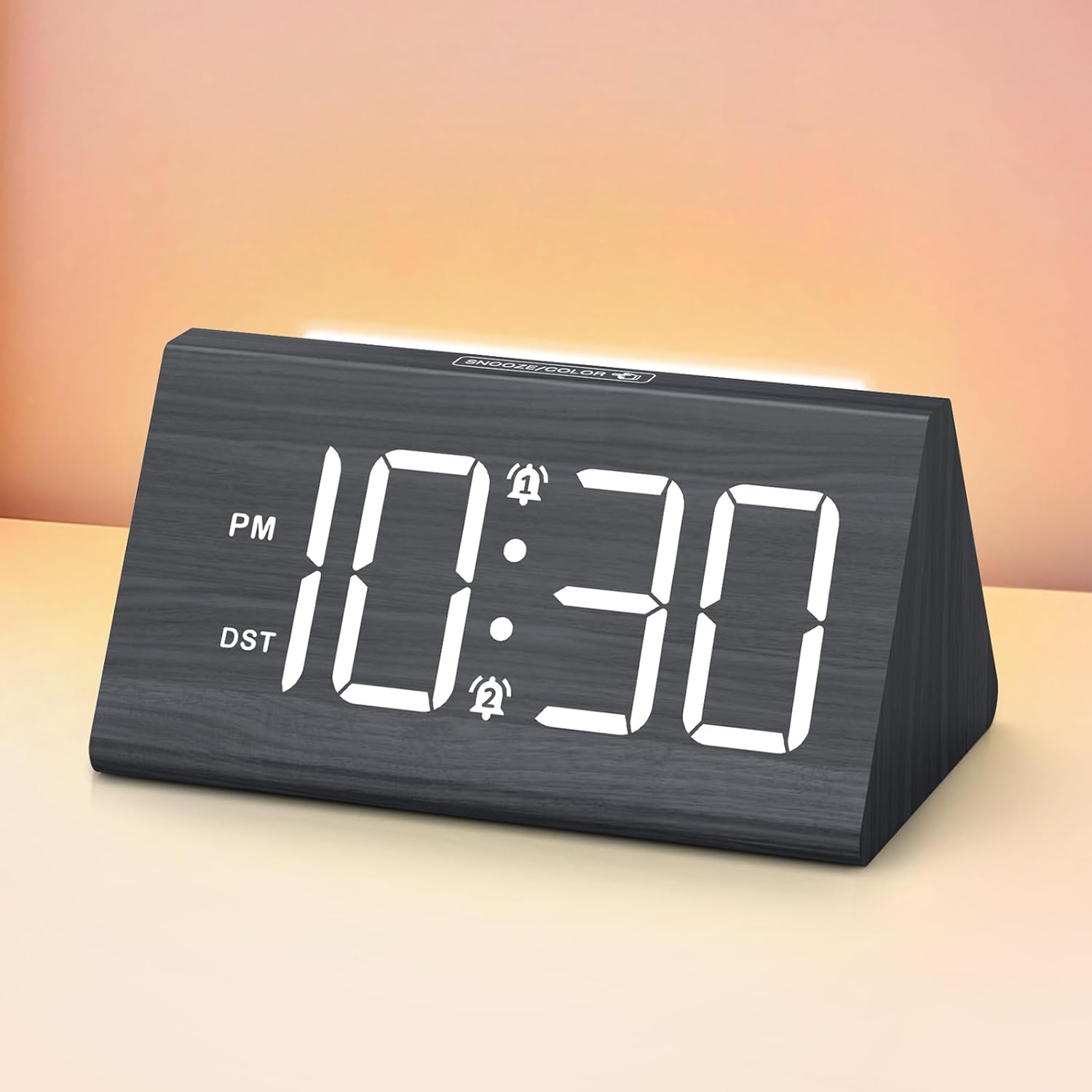 Wooden Digital Alarm Clock with Colorful Ambient Light for Bedside or Nightstand