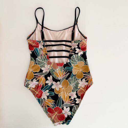 Hurley Size XL Dark Floral Tropical Print One Piece Swimsuit Lattice Back UPF 50 - Picture 2 of 9