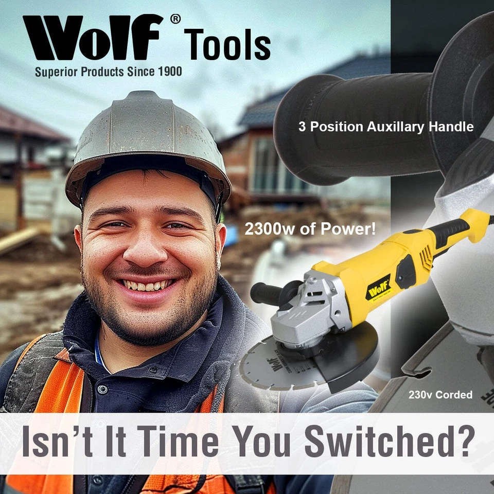2300w Angle Grinder 230mm 9Inch Corded Electric Diamond Cutting Disc Tool Wolf - Image 3 of 4