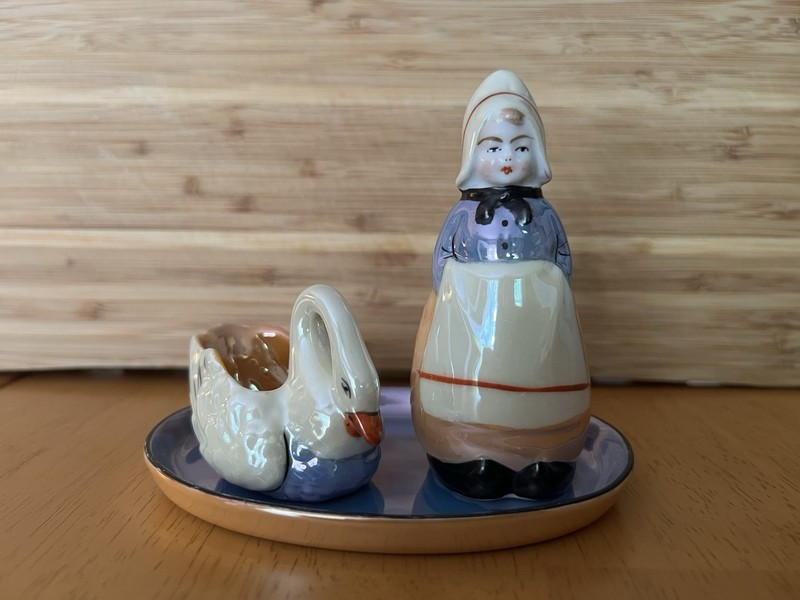 Rare Noritake 1920’s Deco Era Lusterware 3 Piece Set Dutch Girl & Swan With Tray
