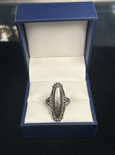 Sterling Silver Long Marquise Statement Ring Beaded Edge Vintage