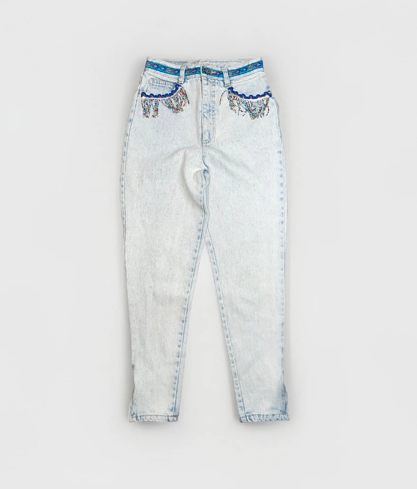RARE Vintage Gitano Express High Waist Beaded Fringe Ankle Light Denim Jeans 5/6 - Image 2 of 4