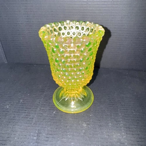 Vintage hobnail vaseline (uranium) glass footed vase, ruffled rim