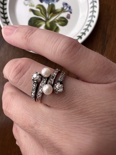 French Antique Old Mine Cut Diamond Pearl Toi Et Moi Ring 18k Gold Art Nouveau Ebay