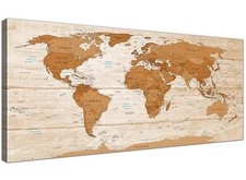 Large Brown Cream Map of World Atlas Canvas Wall Art - Modern 120cm Wide - 1307