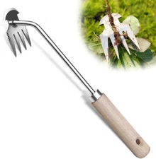  Weed Puller Tool, Uprooting Weeding Remover, 4-Claw Steel Head, Wood Handle 13"
