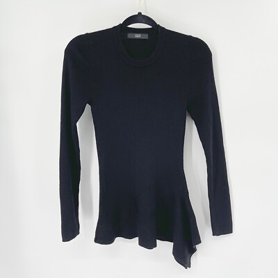 Steffen Schraut Wool Ribbed Asymmetric Hem Sweater Sz 40 Black Crewneck Pullover