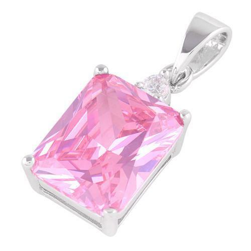 Rectangular Pink CZ Pendant 925 Sterling Silver Rhodium Plated Snake Chain 20" - Picture 1 of 4
