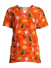 Womens Halloween Scrub Top Shirt Small S Black Cat Pumpkin Jack o Lantern Orange