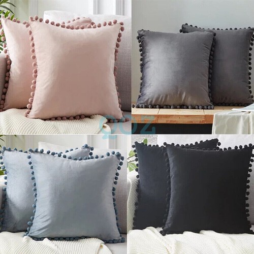 Soft Pom Pom Ball Fringe Velvet Cushion Cover Sofa Pillow Case 45cm x