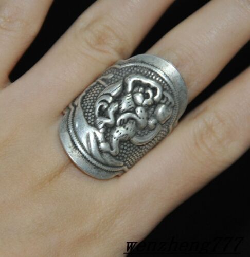rare China old Tibetan silver Exorcism luck monkey Animal Jewelry Ring - Picture 1 of 4
