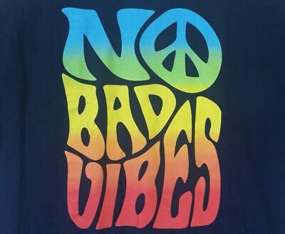 DARK BLUE XL ''NO BAD VIBES'' PEACE SIGN RAINBOW HIPPIE TEE T-SHIRT 100% COTTON