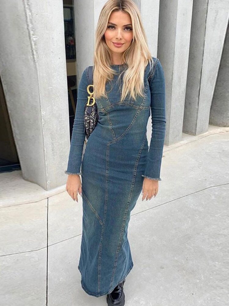 Fashion Women Denim Dress Vintage Blue Long Sleeve Back Zipper Dresses For Women Spring Causal Slim Fit Ladies Long Dresses